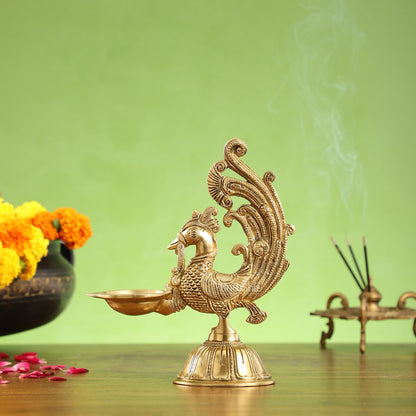 Peacock Brass Oil Lamps | Open Feather Design | Height 8 inches