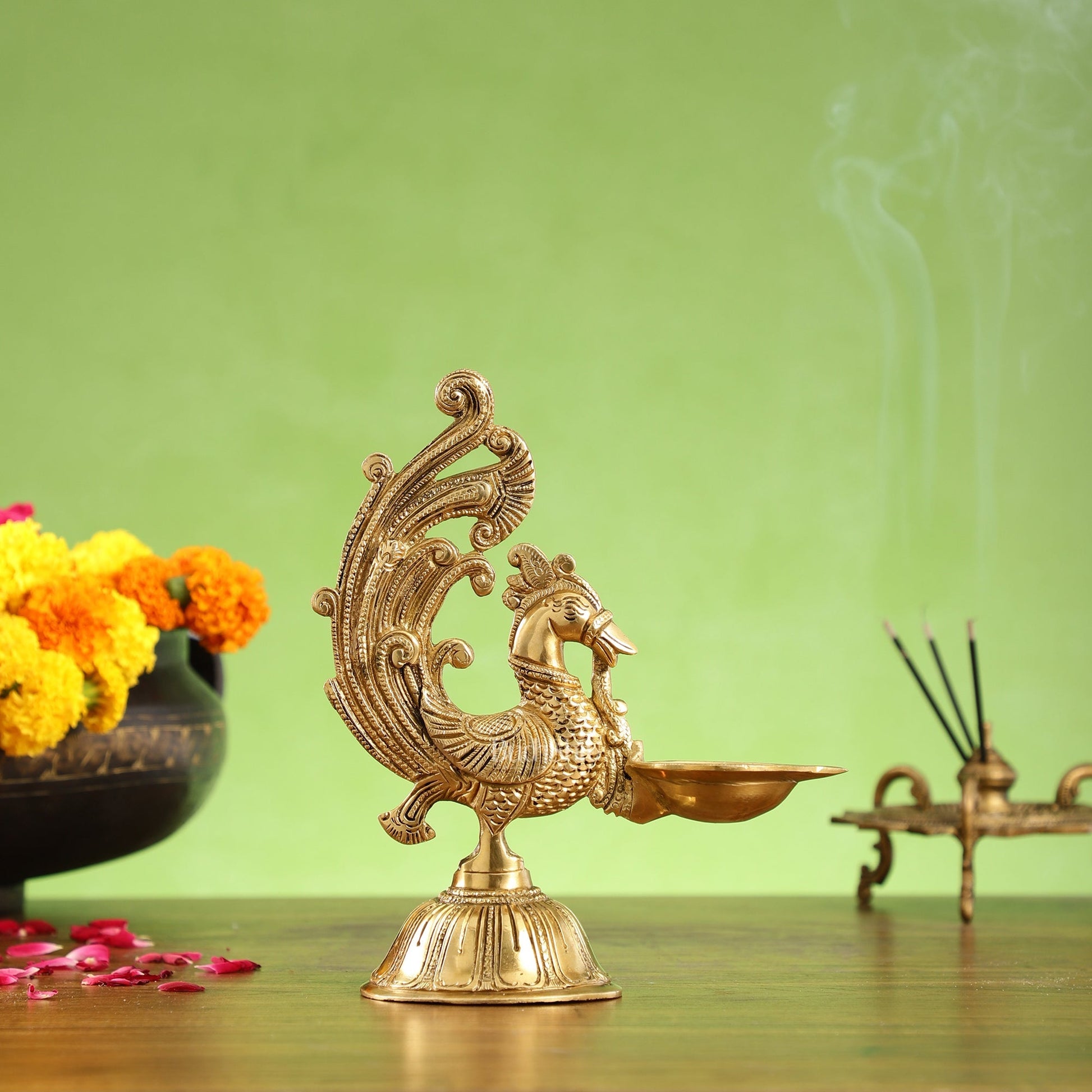 Peacock Brass Oil Lamps | Open Feather Design | Height 8 inches