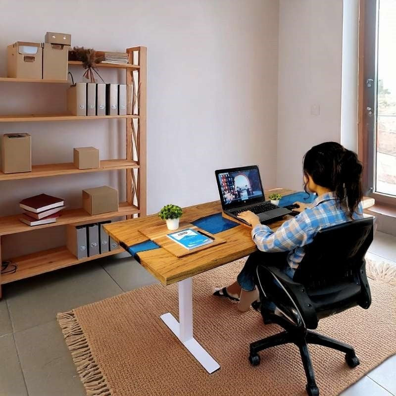Suprema pearl blue height adjustable desk with white legs