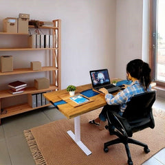 Suprema pearl blue height adjustable desk with white legs