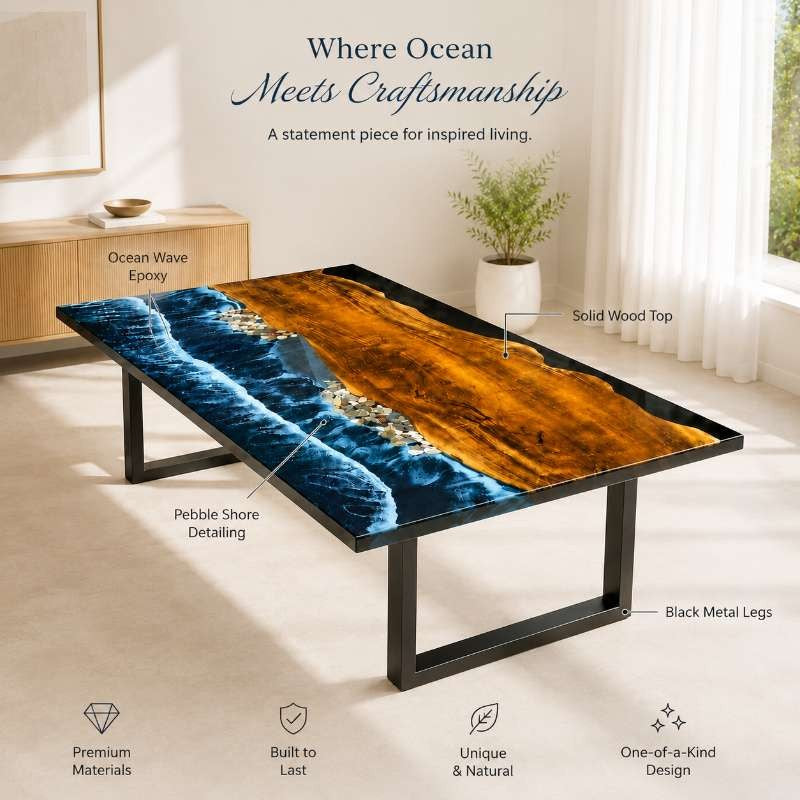 Handmade Blue Pebble Shore Ocean Wave Epoxy Resin Dining Table, Wooden Resin Coffee Table, Epoxy Beach Table, Layered Resin Wave Design with Realistic Water Movement Effect