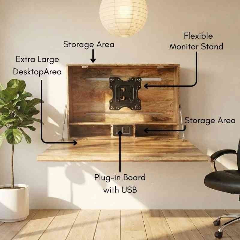 Solid Wood Fold Down Wall Mounted Desk with Personalized Photo Frame
