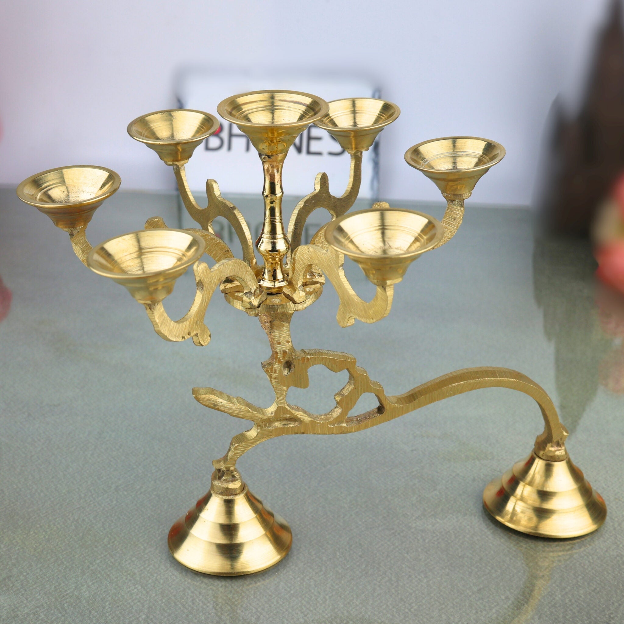 Brass Aarti Diya Set, Handcrafted Peetal Puja Arthi with 7 Oil Lamps, Traditional Deepak for Temple, Home, Diwali & Hindu Pooja, Gold, 7 Inch, 1 Piece