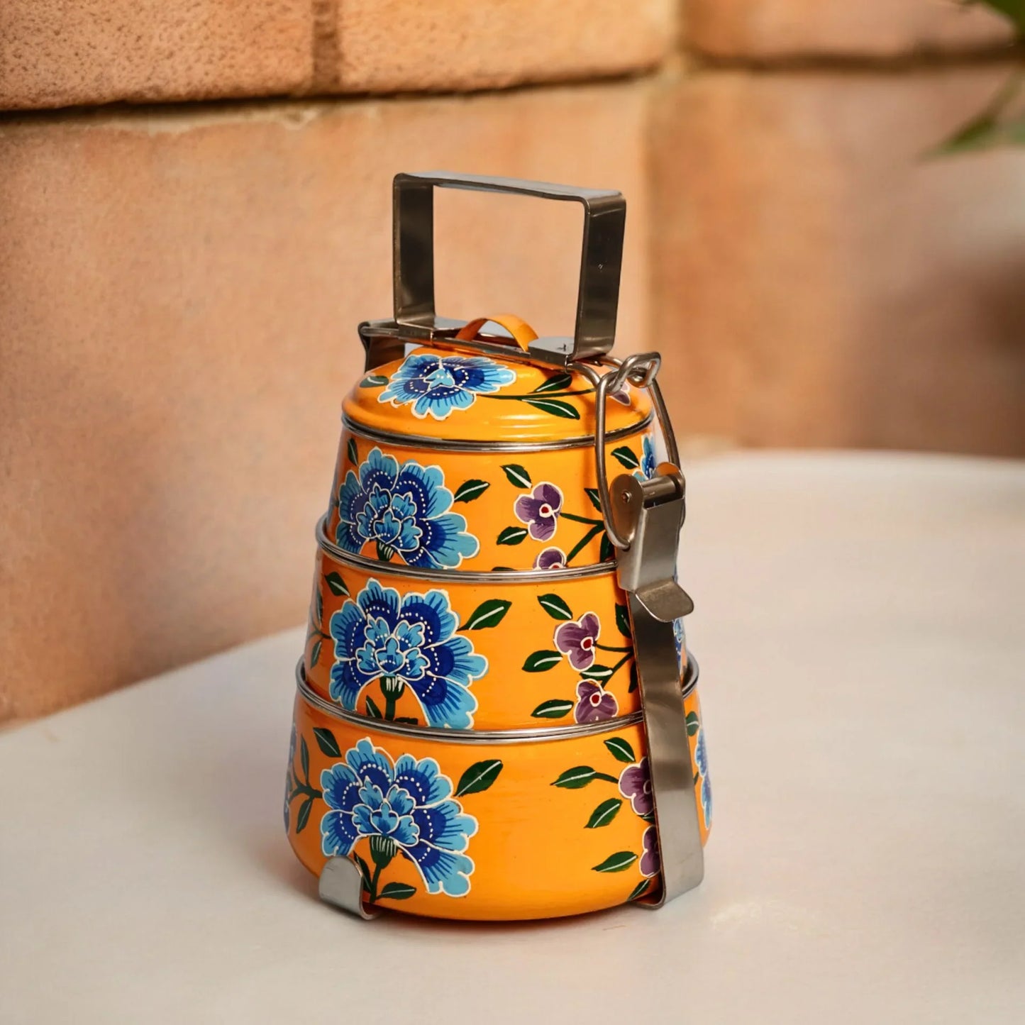 Shri-badri Hand Painted 3 Tier Steel Lunch Box - Yellow