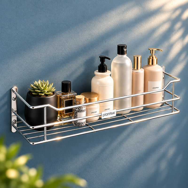 Plantex Stainless Steel Bathroom Shelf/Shelf for Bathroom Organizer/Wall Shelf for Bathroom with Railings/Kitchen Storage Shelves-(18 inch, Chrome)-1