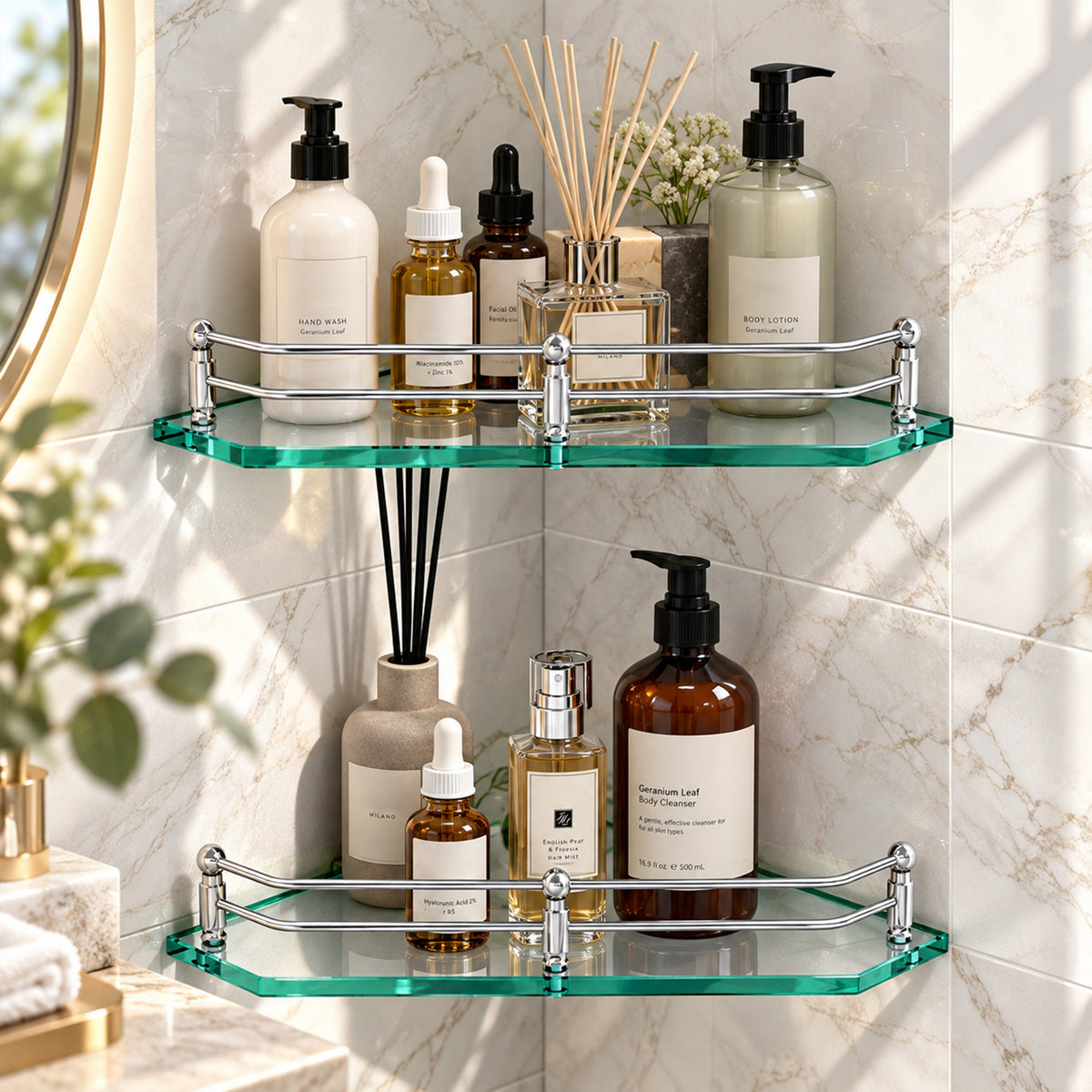 Plantex Corner Glass Shelf for Bathroom Wall/Glass Shelf for Kitchen/Bathroom/Living Room Corner Shelf (9x9 Inches - Pack of 2)-1