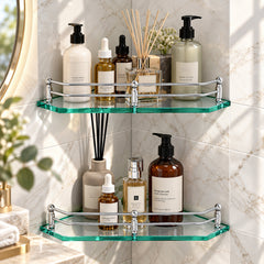 Plantex Corner Glass Shelf for Bathroom Wall/Glass Shelf for Kitchen/Bathroom/Living Room Corner Shelf (9x9 Inches - Pack of 2)-1
