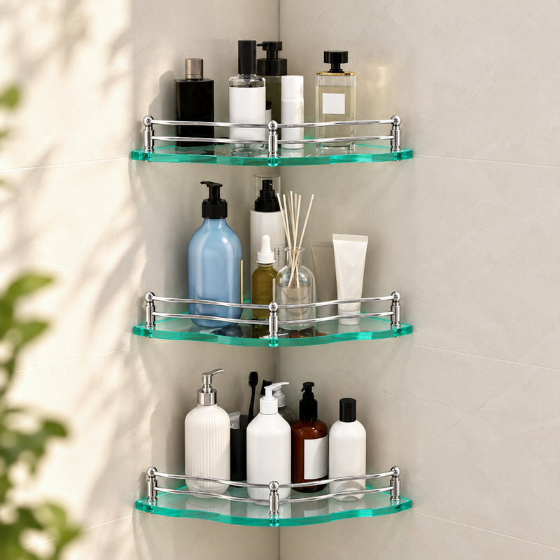 Plantex Glass Corner Shelf for Bathroom Wall/Kitchen Corner Shelf/Bathroom Glass Shelf-Flower Shape (Transparent -9x9 Inches - Pack of 3)-1