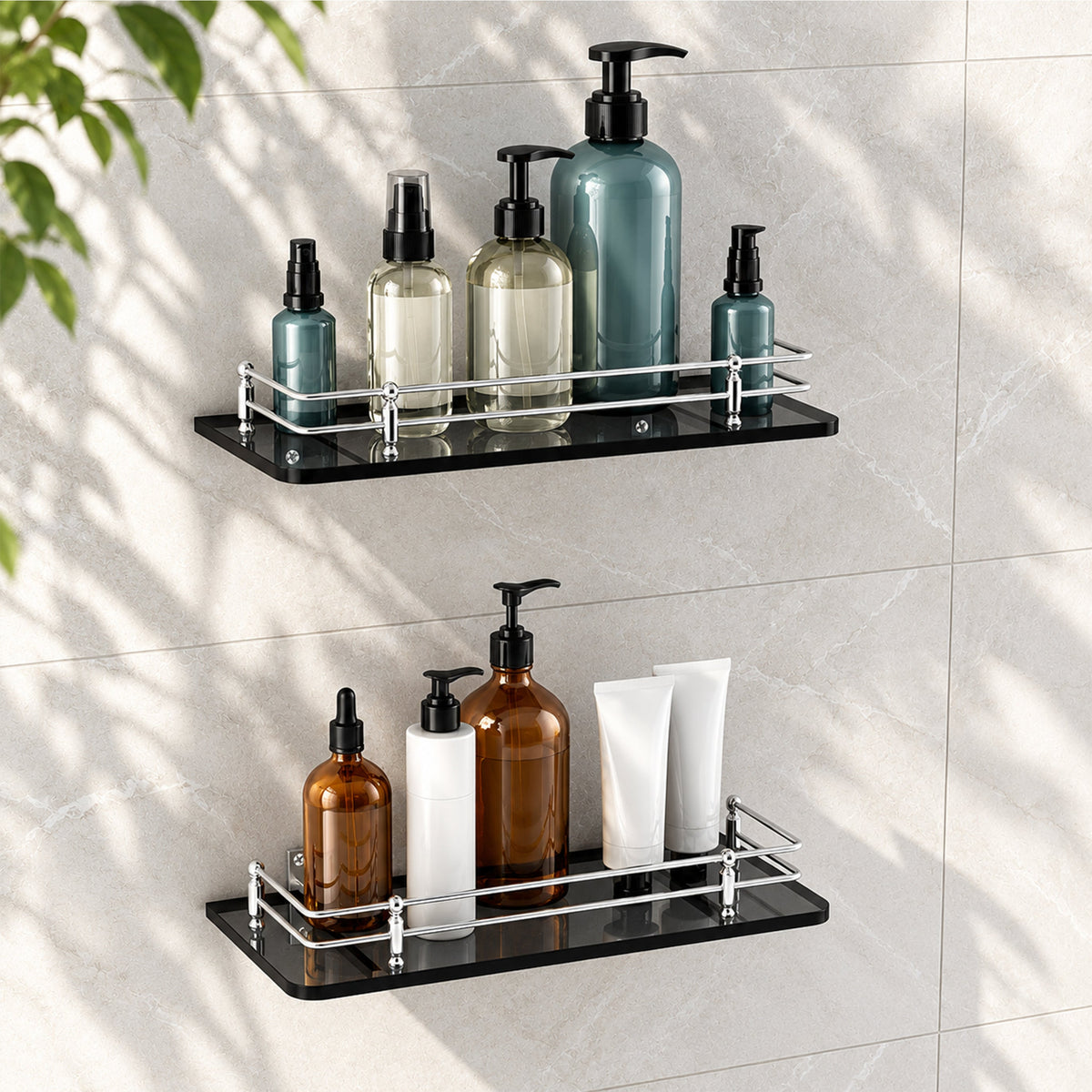 Plantex Wall Mount Glass Shelf for Bathroom/Shelves for Kitchen/Black Glass Shelf, Polished (12x6 Inches - Pack of 2)-1
