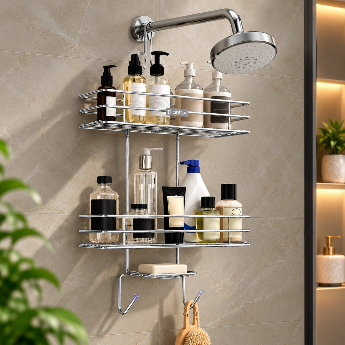 Plantex No Drill Bathroom Organiser/Shower Caddy for Bathroom Hanging/5in1 Stainless Steel Shelf with Soap Holder and Hooks (Big Size-Square Shape-Chrome Finish)