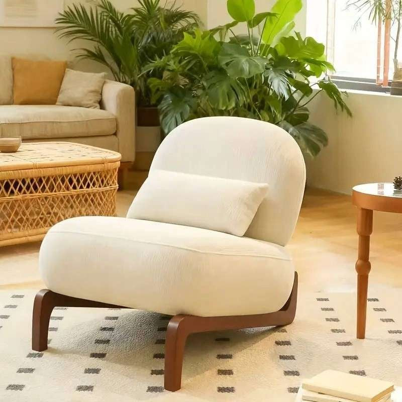 Beige Velvet Accent Chair with Solid Wood Legs - Soft Plush Cushioned Armless Reading Accent Single Sofa