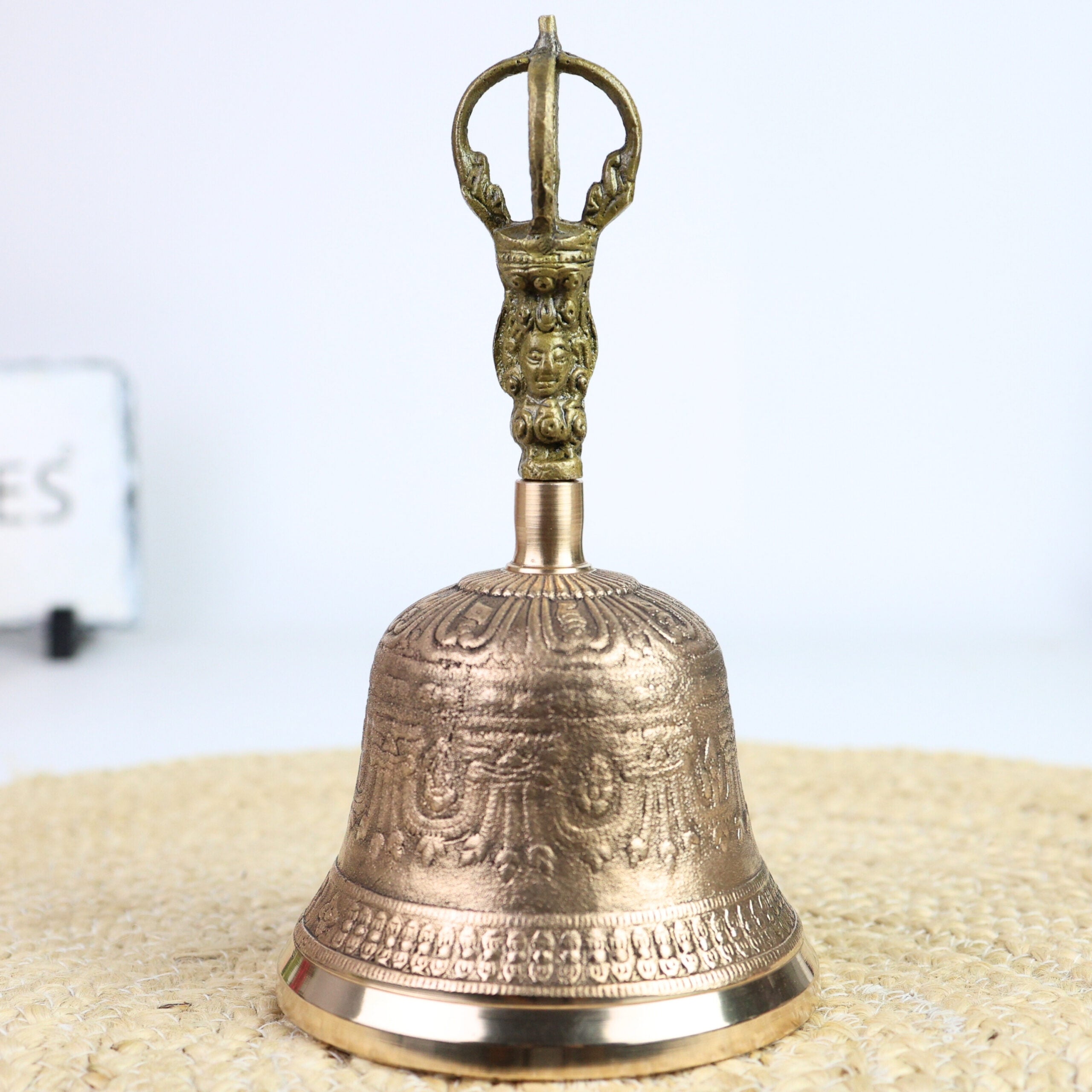 Brass Pooja Bell (Ganti), Temple Bell, Puja Ghanti, Mandir Bell, Handheld Hindu Ritual Bell, Aarti, Bhajan & Meditation Bell, Decorative Brass & Bronze Worship Bell, Gold, 8 Inch, 1 Piece