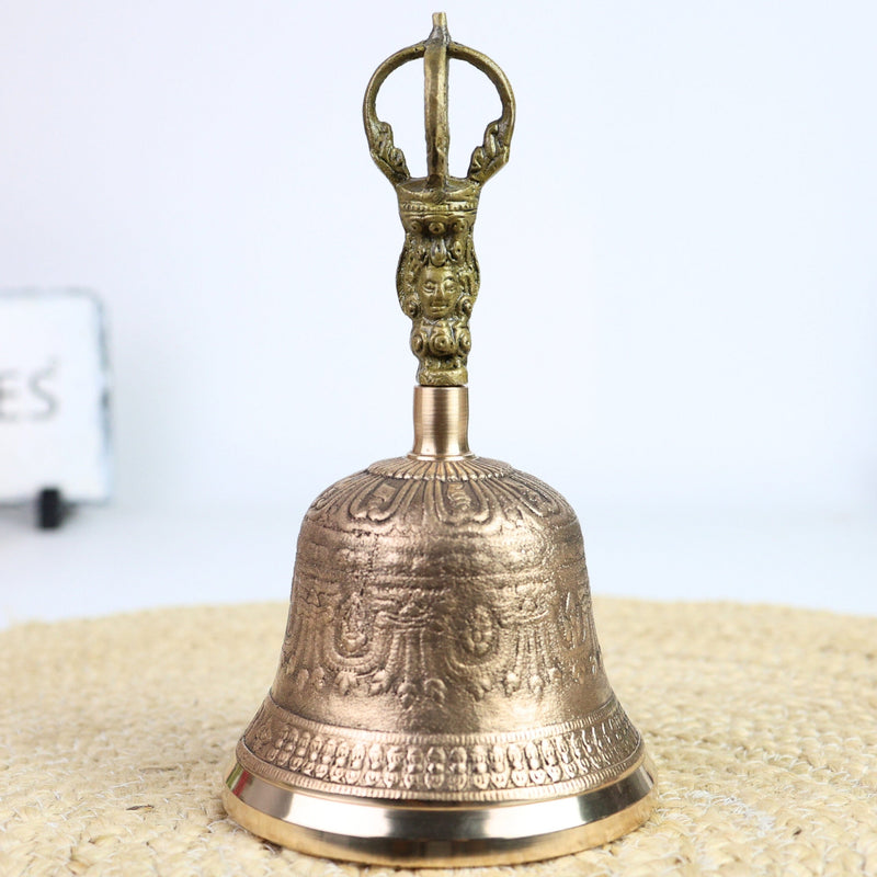 Brass Pooja Bell (Ganti), Temple Bell, Puja Ghanti, Mandir Bell, Handheld Hindu Ritual Bell, Aarti, Bhajan & Meditation Bell, Decorative Brass & Bronze Worship Bell, Gold, 8 Inch, 1 Piece
