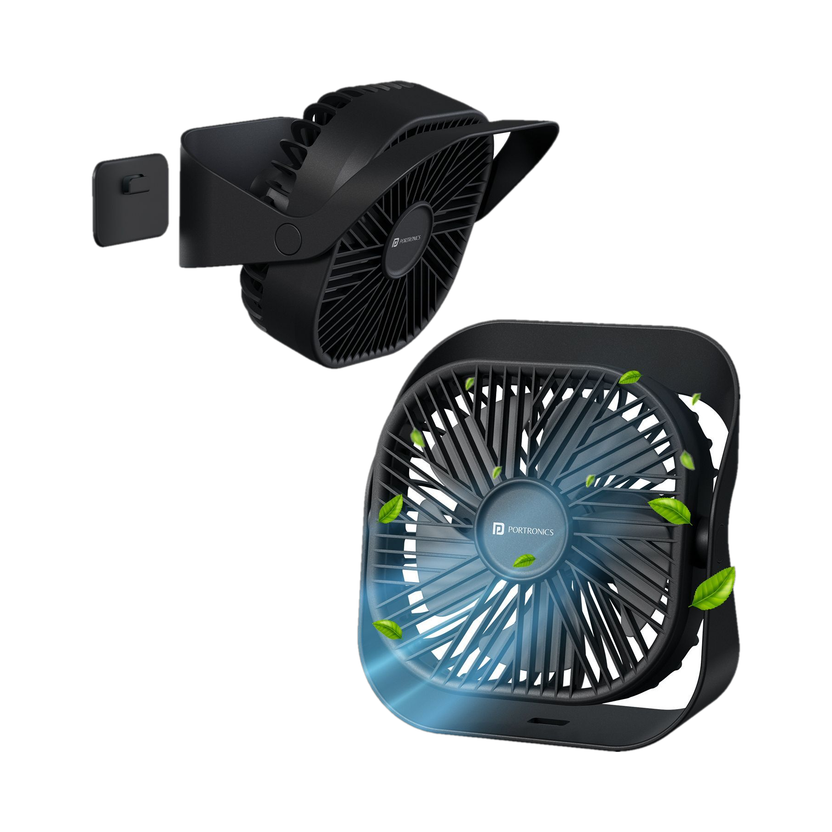 Portronics CoolCube Mini, 2-in-1 Desktop & Wall Fan, 2000mAh Battery, Type-C Charging, 360° Rotate with Pasteable Hook, 3 Speed Modes, BLDC-1