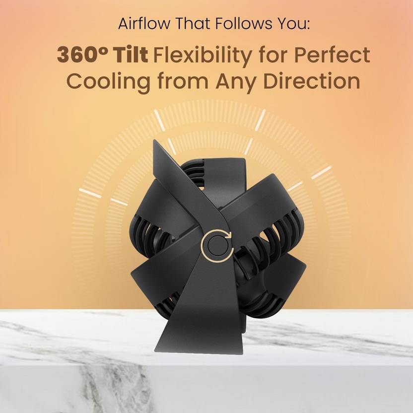 Portronics CoolCube Mini, 2-in-1 Desktop & Wall Fan, 2000mAh Battery, Type-C Charging, 360° Rotate with Pasteable Hook, 3 Speed Modes, BLDC-3