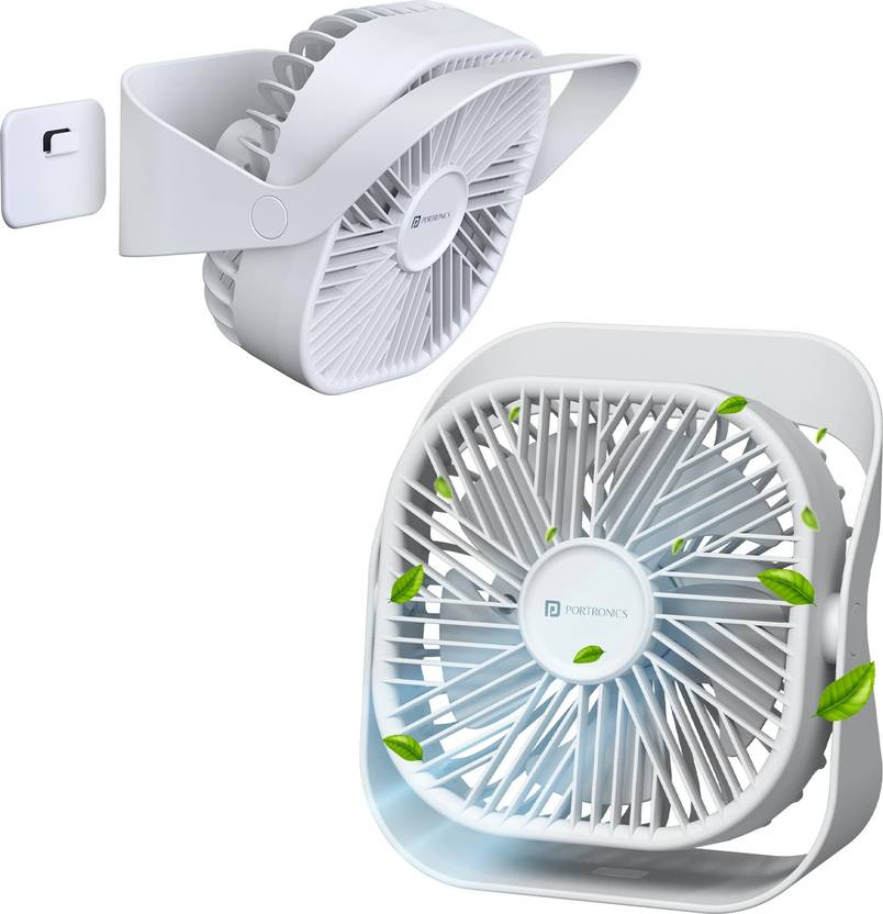 Portronics CoolCube Mini, 2-in-1 Desktop & Wall Fan, 2000mAh Battery, Type-C Charging, 360° Rotate with Pasteable Hook, 3 Speed Modes, BLDC-6