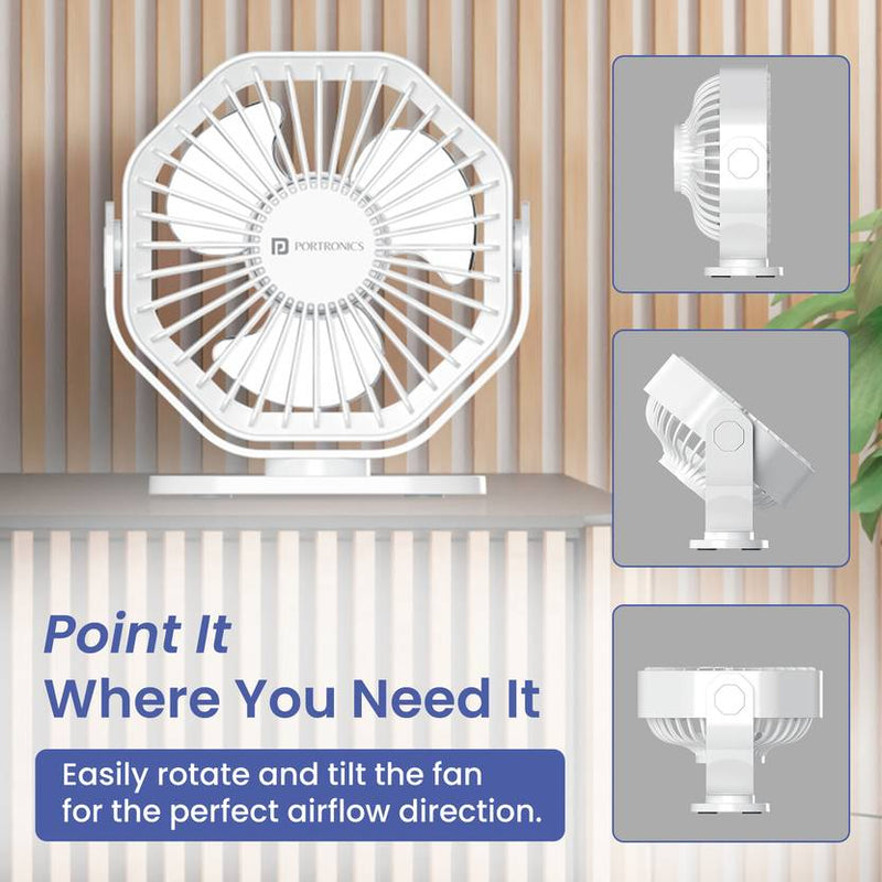Portronics Chill On Mini Type-C Powered Table & Hanging Fan, 360° Rotation, 3-Speeds, BLDC Motor, One Button Control, Compact 3.25” Design with Loop-4