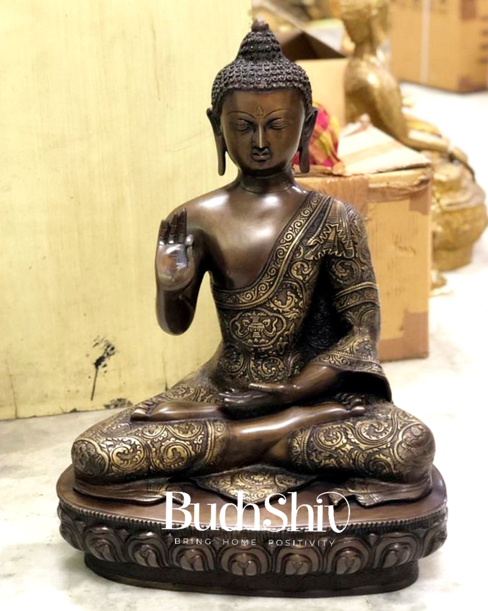 Positivity Personified: Engraved Pure Brass Buddha Statue 22 inch