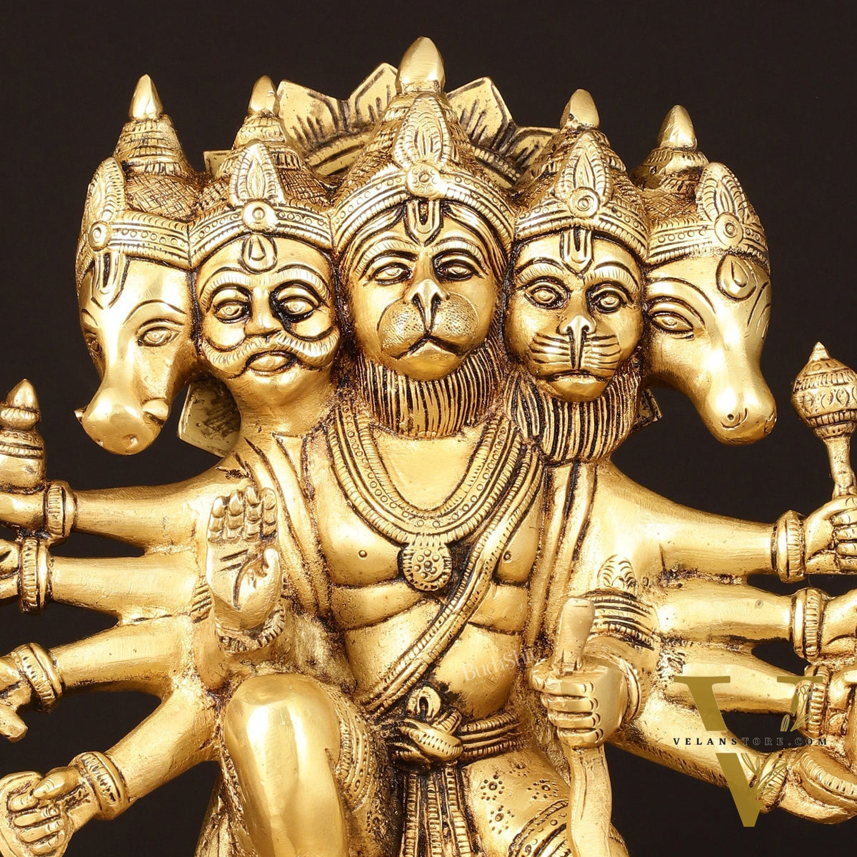 Powerful Brass Superfine Panchmukhi Hanuman Sculpture - 11" Intricate Carvings