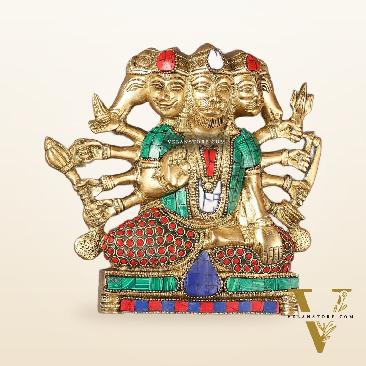 Powerful Panchmukhi Hanuman Brass Wall Hanging | Auspicious & Ward off Evil | 8" with stonework