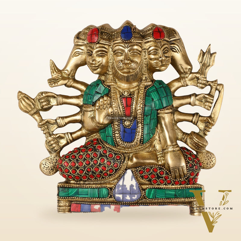 Powerful Panchmukhi Hanuman Brass Wall Hanging | Auspicious & Ward off Evil | 8" with stonework
