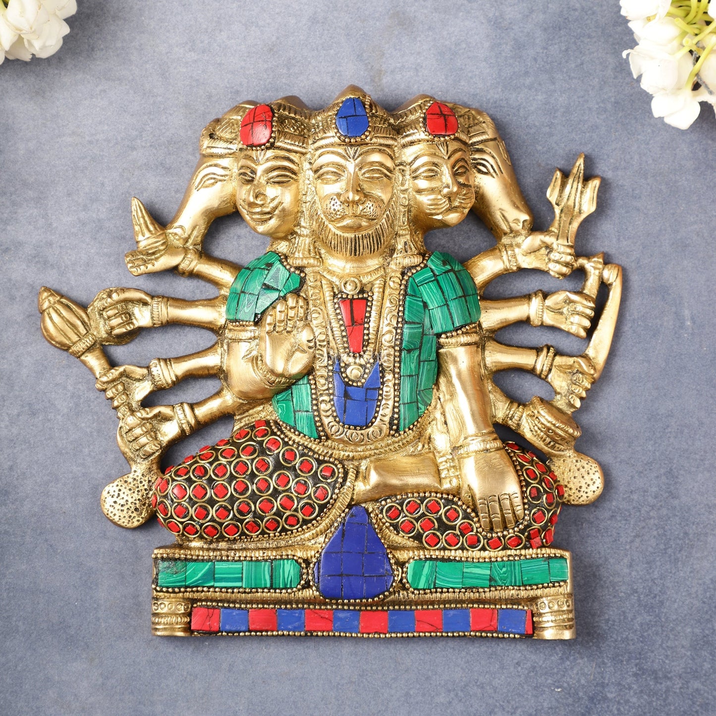 Powerful Panchmukhi Hanuman Brass Wall Hanging | Auspicious & Ward off Evil | 8" with stonework