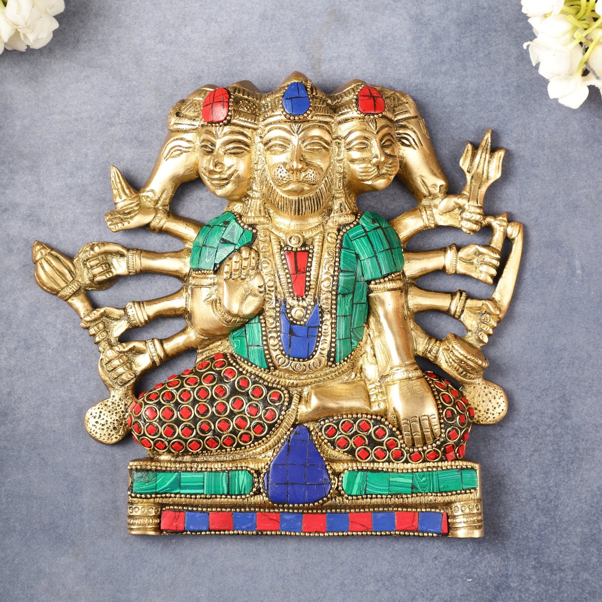 Powerful Panchmukhi Hanuman Brass Wall Hanging | Auspicious & Ward off Evil | 8" with stonework