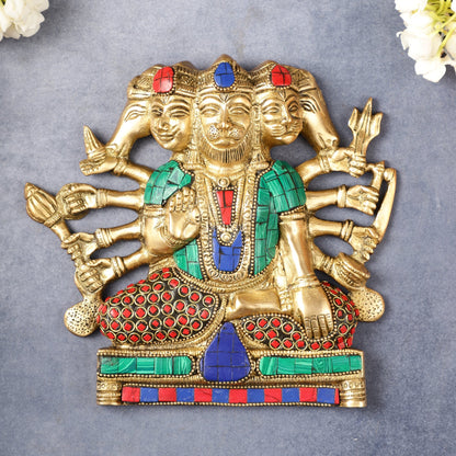 Powerful Panchmukhi Hanuman Brass Wall Hanging | Auspicious & Ward off Evil | 8" with stonework