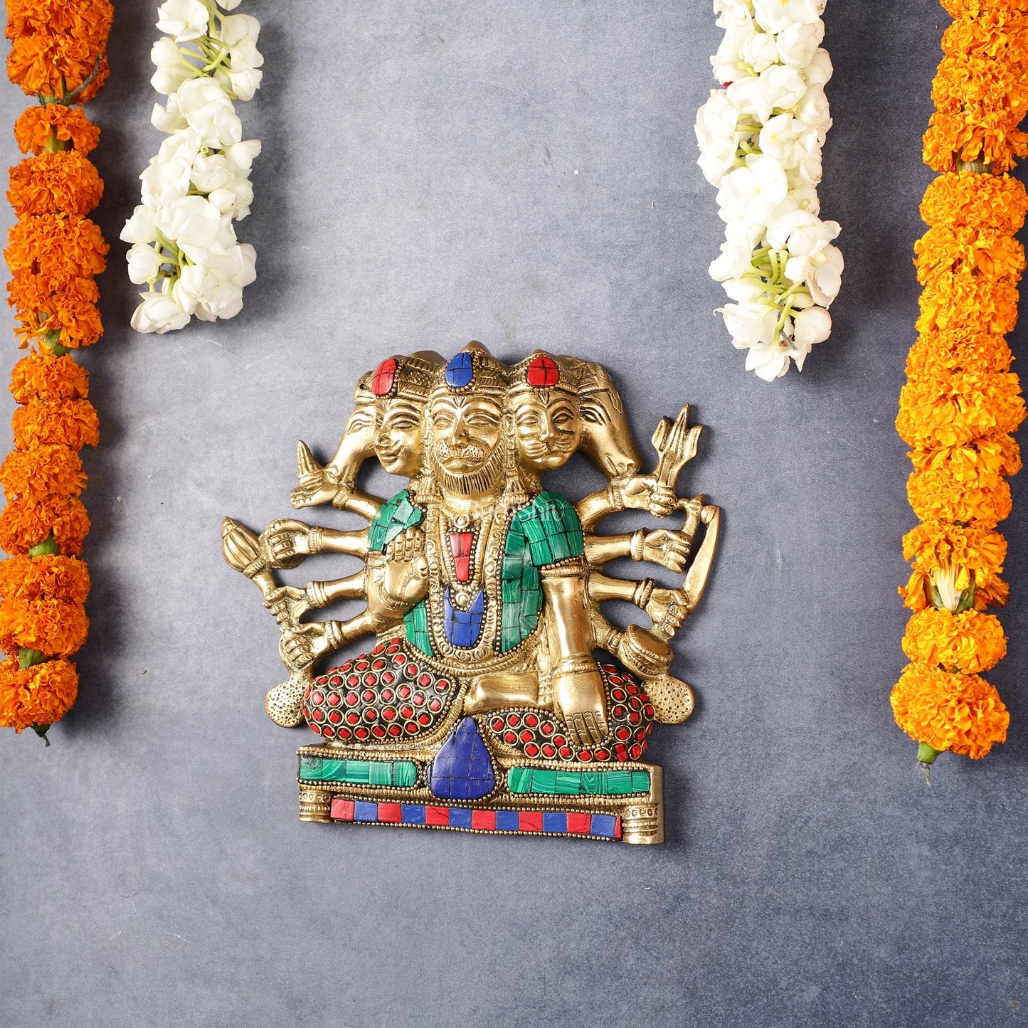 Powerful Panchmukhi Hanuman Brass Wall Hanging | Auspicious & Ward off Evil | 8" with stonework