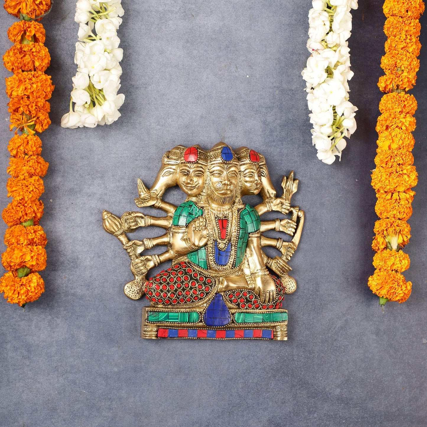 Powerful Panchmukhi Hanuman Brass Wall Hanging | Auspicious & Ward off Evil | 8" with stonework