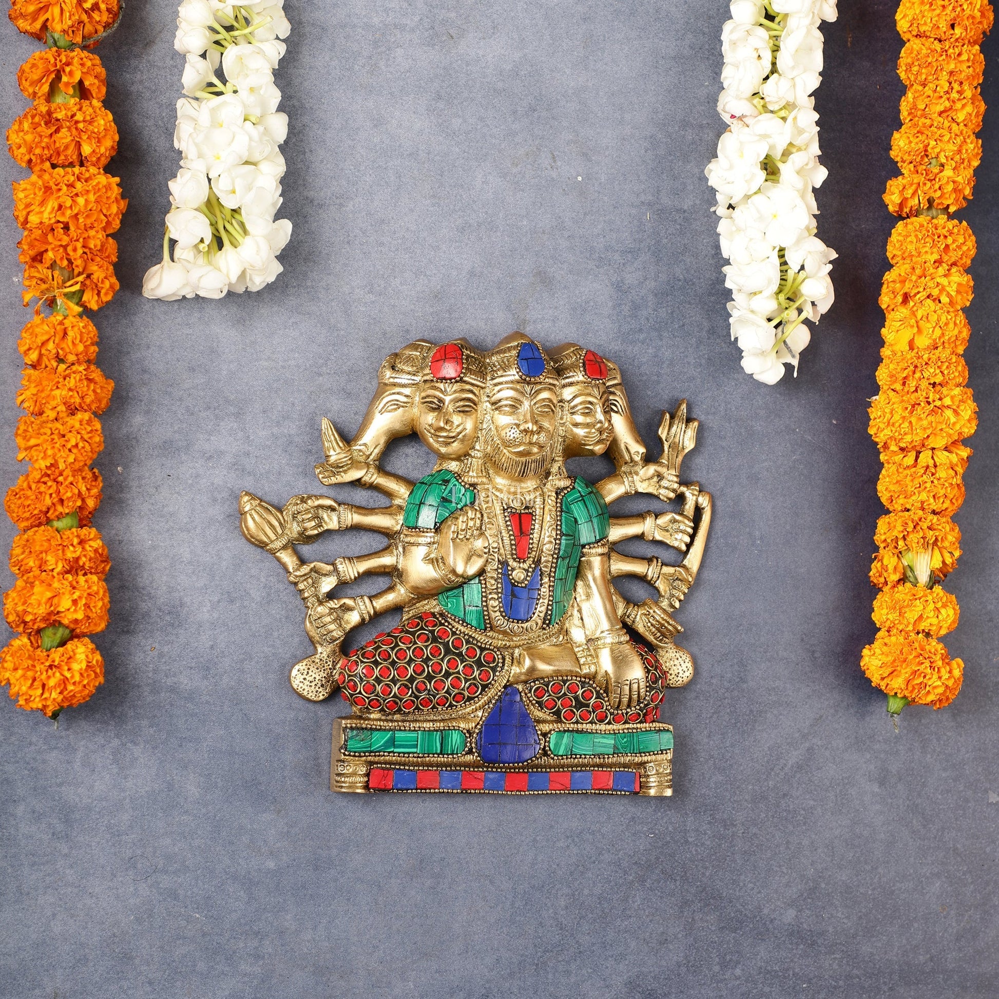 Powerful Panchmukhi Hanuman Brass Wall Hanging | Auspicious & Ward off Evil | 8" with stonework