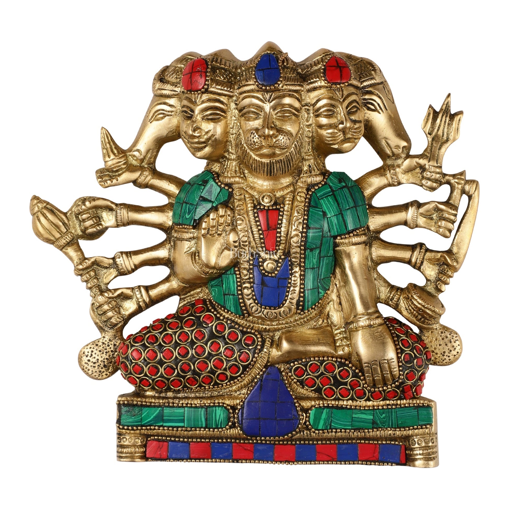 Powerful Panchmukhi Hanuman Brass Wall Hanging | Auspicious & Ward off Evil | 8" with stonework