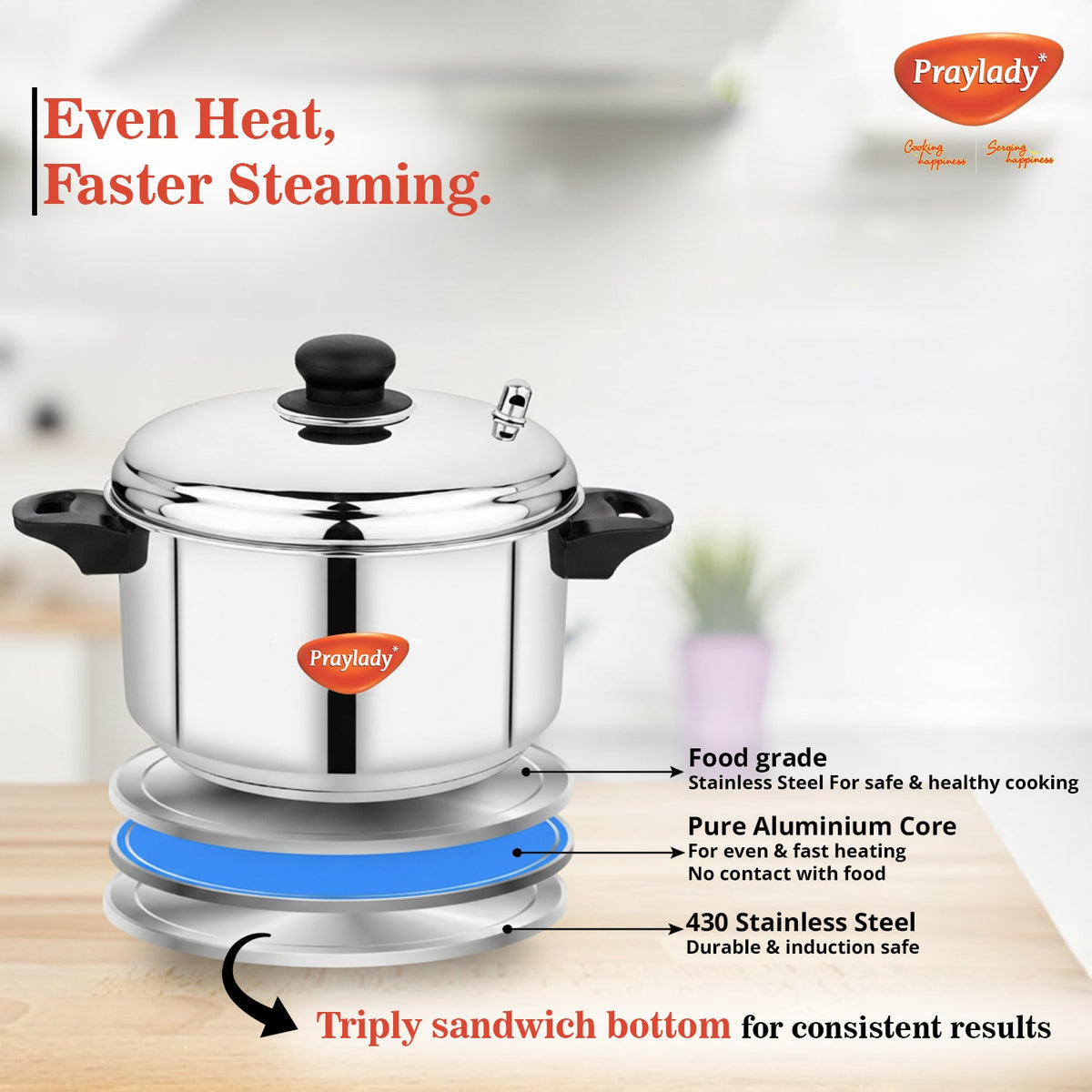 Praylady Elite Stainless Steel Idli Cooker with Sandwich Bottom and Whistle 16 Idli- 4 Plates, Includes Idli Lifter