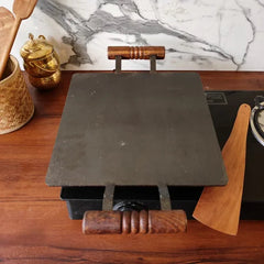 Pure Iron Tawa Square with Wooden Handle/ Pre-Seasoned No chemical Coating