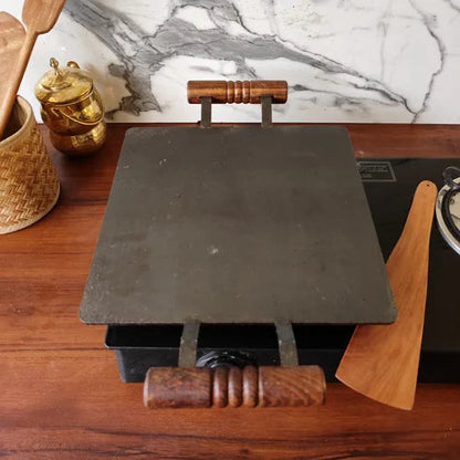 Pure Iron Tawa Square with Wooden Handle/ Pre-Seasoned No chemical Coating