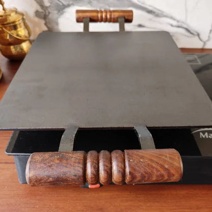 Pure Iron Tawa Square with Wooden Handle/ Pre-Seasoned No chemical Coating
