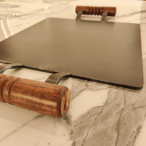 Pure Iron Tawa Square with Wooden Handle/ Pre-Seasoned No chemical Coating