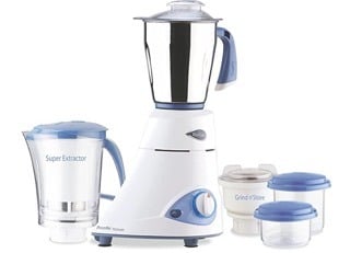 Preethi Platinum MG-153 mixer grinder, 550 watt, 3 jars includes Super Extractor juicer Jar with 2 Air-Tight Containers (White/Blue)