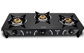 Preethi - GTS124 Zeal glass top 3 burner gas stove, Manual Ignition, Black