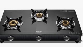 Preethi Valentino Glass top 3 Burner Gas Stove, Manual Ignition, Black (ISI Approved with Life Time Warranty on Glass &amp; Burner)
