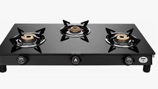 Preethi Bluflame Sparkle Power Duo 3 Burner Glass top Gas Stove with Power Burner and Swirl flame technology, saves gas and cooks faster, Manual Ignition, Black