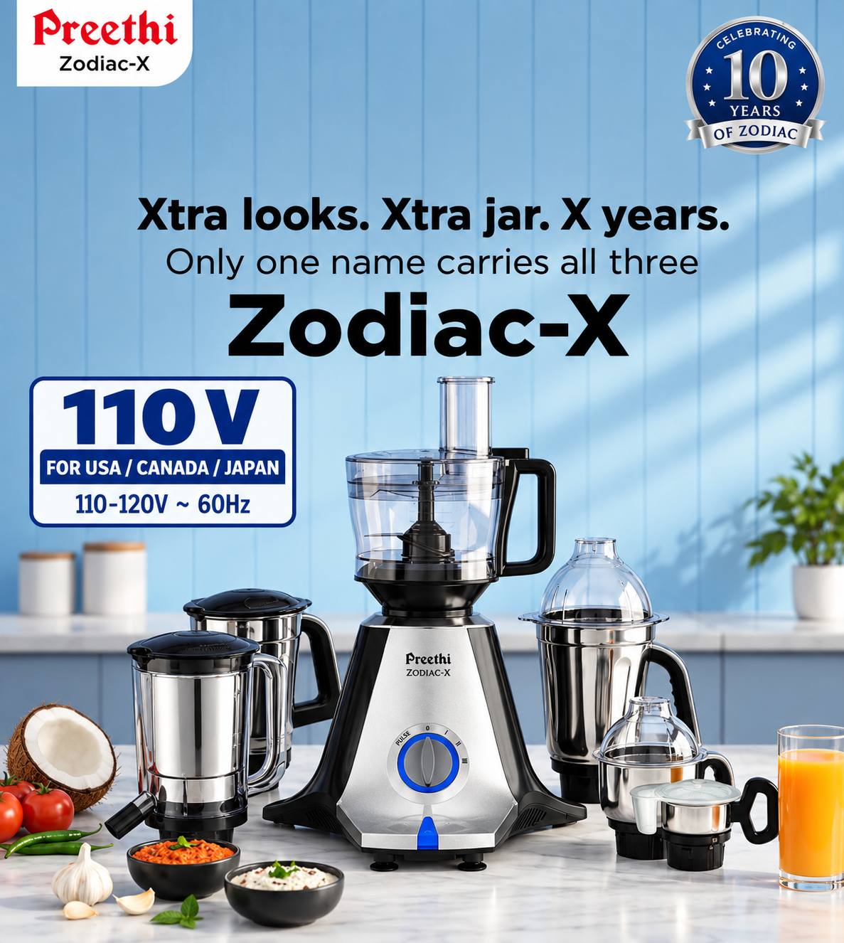 Preethi Zodiac‑X Mixer Grinder with Food Processor 110 V for USA / CANADA / JAPAN-3