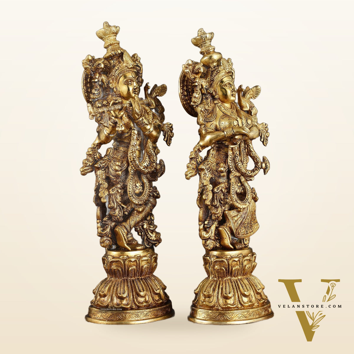 Premium Brass Radha Krishna Idol Set – 21" Height, Antique Glossy Finish