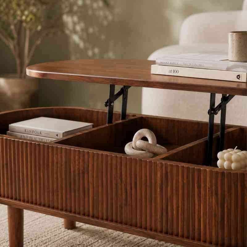 Space-Saving Oval Lift-Top Coffee Table with 3 Hidden Compartments – Acacia Wood