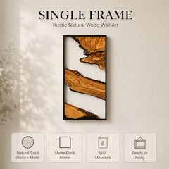 Rustic Natural Wood Wall Art Panels with Black Metal Frame – Luxury Living Room Decor