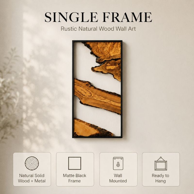 Rustic Natural Wood Wall Art Panels with Black Metal Frame – Luxury Living Room Decor