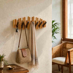 Natural Solid Wood Picket Coat Rack with 7 Flip Wall Hooks