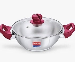 Prestige Platina Popular Stainless Steel Gas and Induction Compatible Kadai with Glass Lid, 200 mm