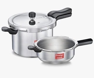 Prestige Svachh, 10783, 5 Ltr & 3 L, Aluminium Pressure Cooker Combo, With Deep Outer Lid For Spillage Control (Silver), 5 Liter