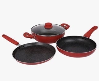 Prestige Omega Deluxe Granite Non-Stick Cookware 3 Pc Set| PFOA Free 5-Layer Coating | Omni Tawa 25 cm | Fry Pan 24 cm | Kadai with Glass Lid 24 cm | Crimson Red